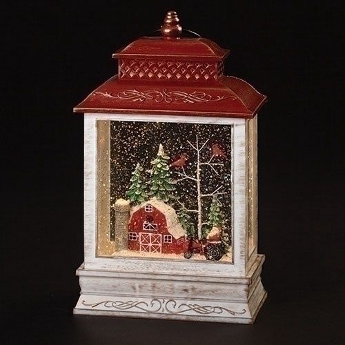 Snow Globe, LED Red Barn Farmer Santa 10.5&quot; w/Cord