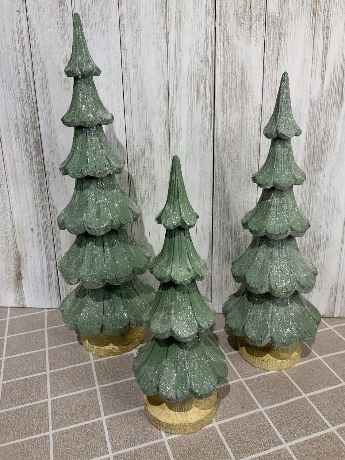 Tree, Frosted Sage Green Layered Set/3  9" 11.5" 14"
