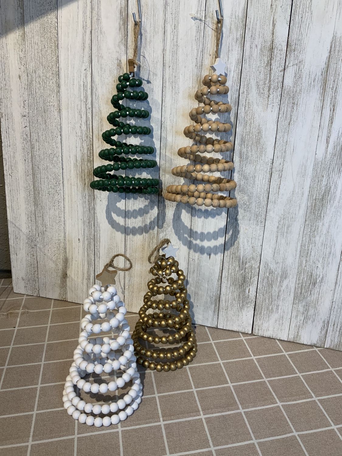 Ornament, Wood Spiral Beaded Xmas Tree 4 Asst