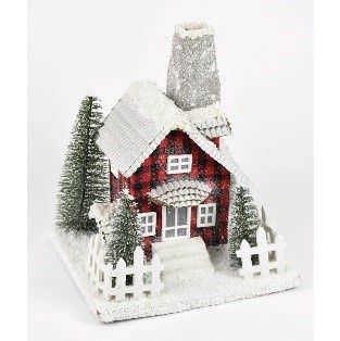 LIGHTED, CHECK HOUSE 10.25"RED WHT BL