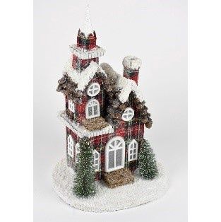 LIGHTED, PLAID HOUSE 15.5"RED WHT BLK