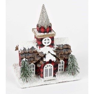 LIGHTED, CHECK HOUSE 10"RED WHT BLK