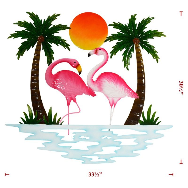 Wall Decor, Metal Flamingo Scene 32"