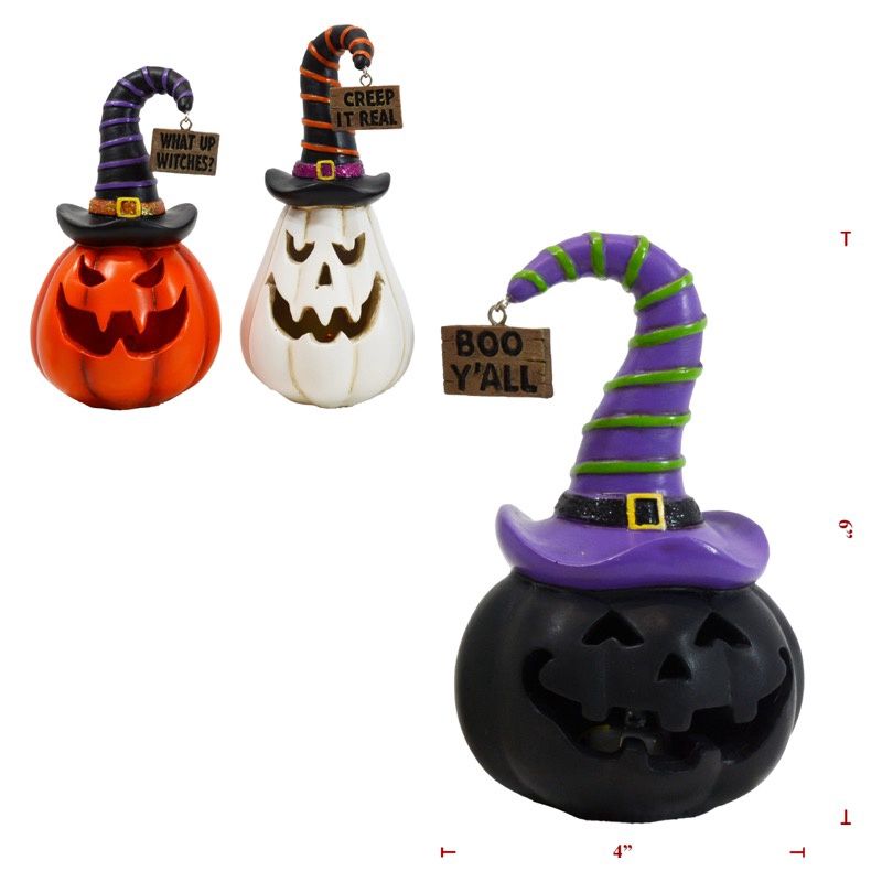Pumpkin, LED Poly w/Witch Hat 3 Asst