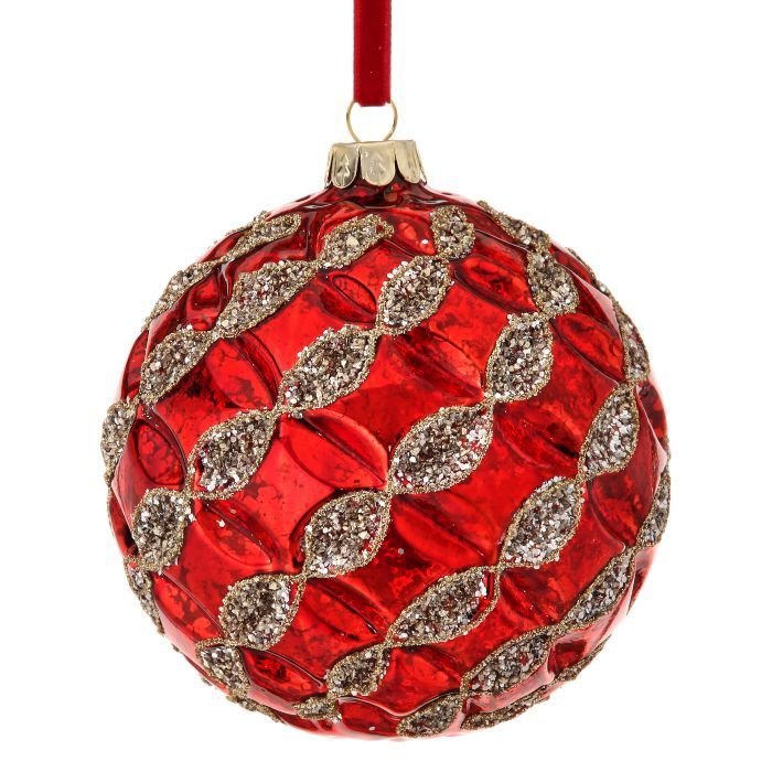 Ornament, 4&quot; Red/Chm Mercury Glass Beaded Ribbon Ball