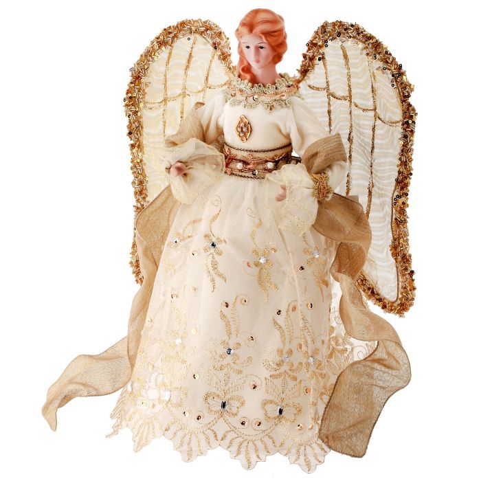 Tree Topper, 16&quot; Ivory/Gold Embroidered Angel Sheer Wings