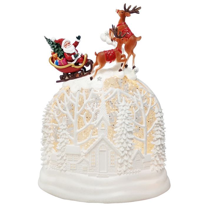 Snow Globe, Flying Sleigh Over White Village