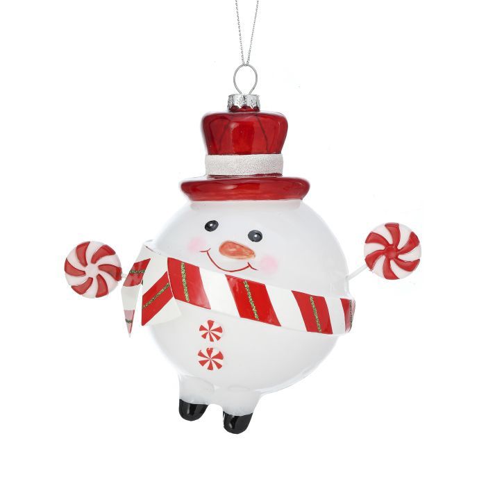 Ornament, 6&quot; Red/White Glass Peppermint Snowman