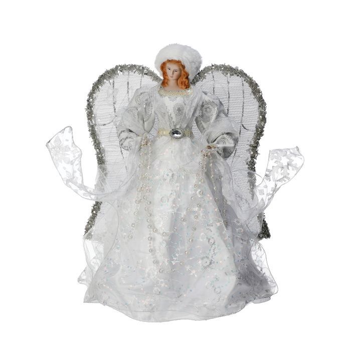 Tree Topper, 16&quot; White/Silver Fur Hat Angel