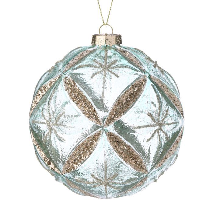 Ornament, 4&quot; Glass Aqua/Gold Clear Starburst Ball