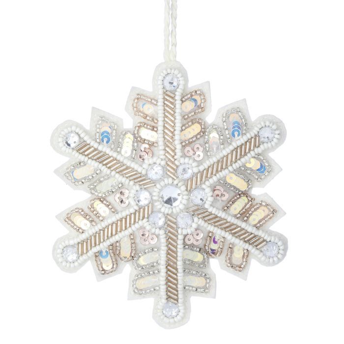 Ornament, 4.5&quot; Glass Bead w/Sequin Wht/Plat Snowflake