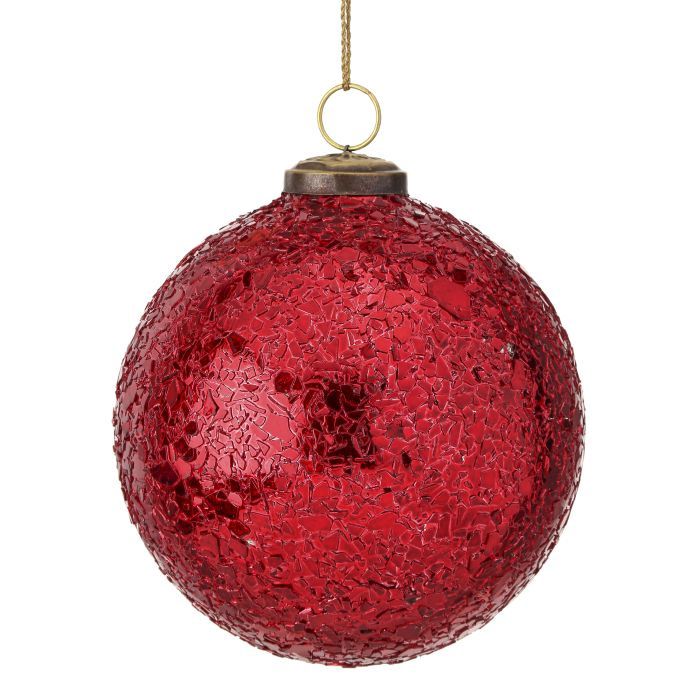 Ornament, 5&quot; Red Metallic Crackle Glass Ball
