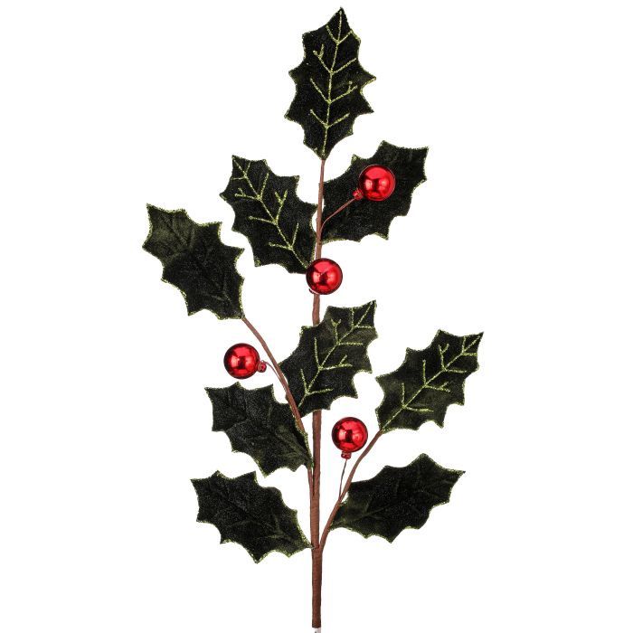 Spray, 27&quot; Velvet Holly Leaf w/Red Ball