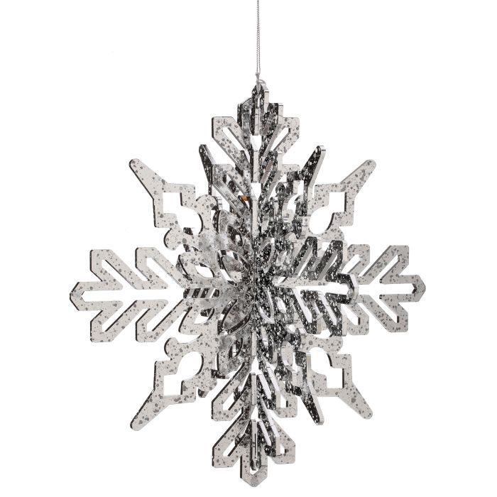 Ornament, 14&quot; Shiny Snowflake w/Snow 3-D Slv/Wht