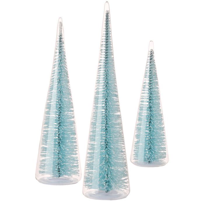 Cone Tree, Blue Bristle Brush in Glass Set/3  7&quot;,11&quot;,13&quot;