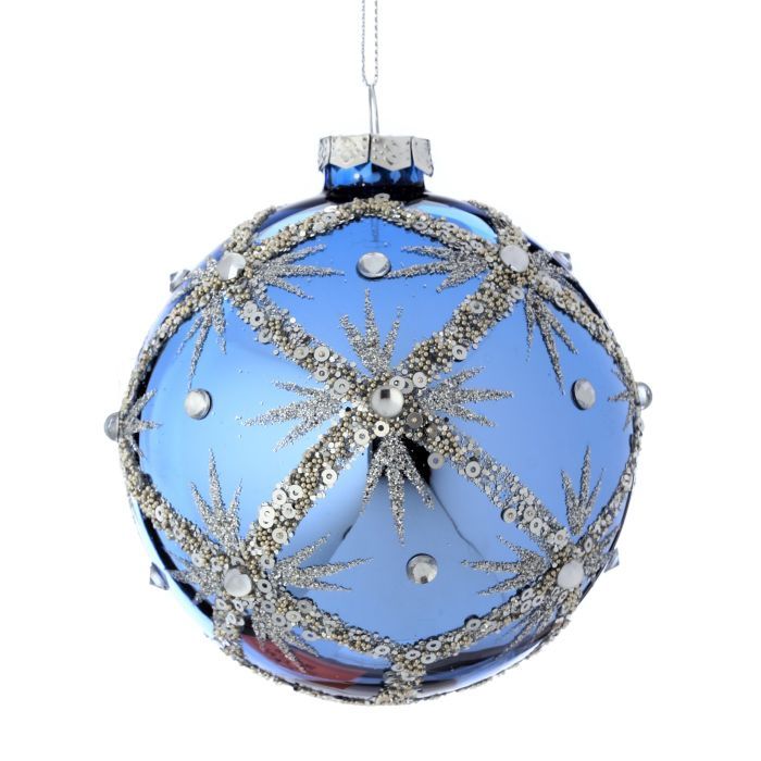 Ornament, 4&quot; Blue Glass Shiny Sequin/Bead Snowflake