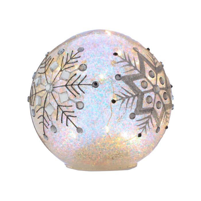 LED Ball, 8&quot; Silver Iridescent Snowflake Glass