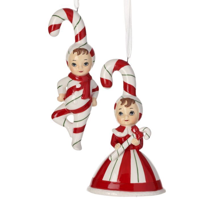 Ornament, 5&quot; Porcelain Candy Cane Kids 2 Asst Holiday
