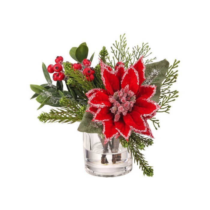 Arrangement, 9&quot; Faux Water Iced Poinsettia Red/Green