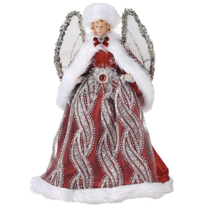 Tree Topper, 16&quot; Red/Silv Fabric Jewel Medallion Angel