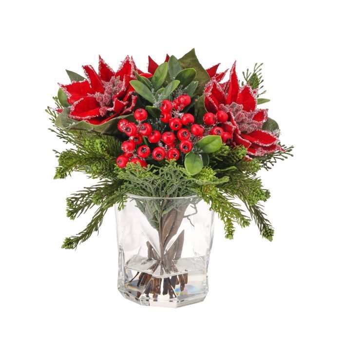 Arrangement, 12&quot; Faux Water Iced Red Poinsettia