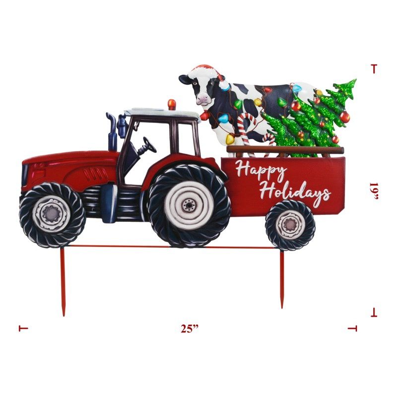 Yard Art, Xmas Metal Tractor w/Cow &amp; Tree 13"x26"