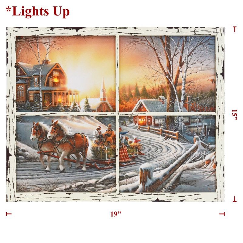 LED Canvas, Team Horses w/Sleigh in Window Frame 15&quot;x19&quot;