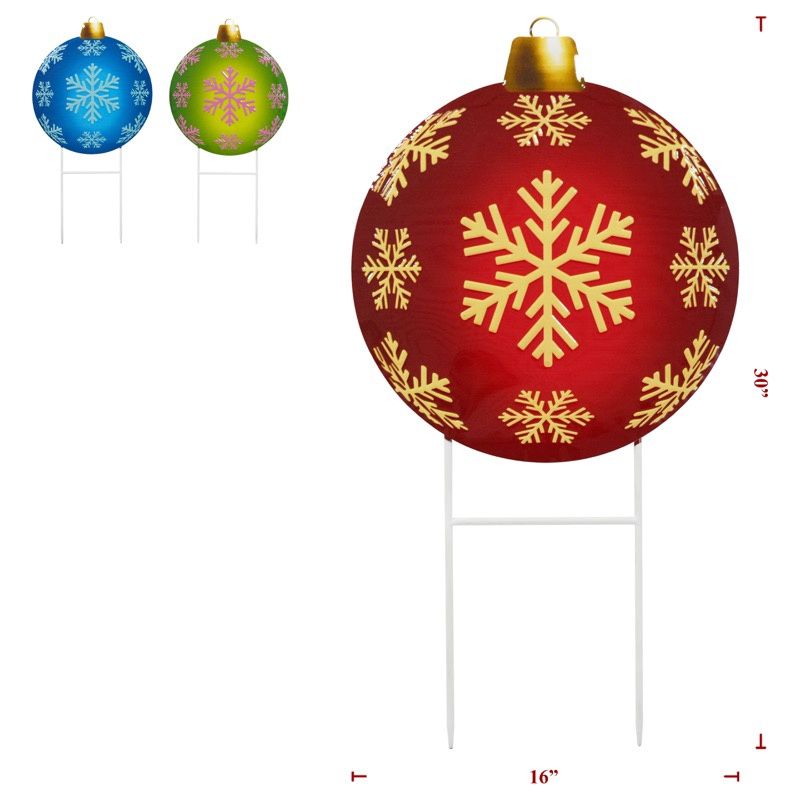 Yard Art, Xmas Ornament 3 Asst Gr/Rd/Bl 30"x16"