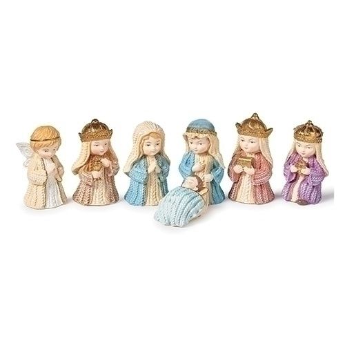 Nativity, 4&quot; Child Knit Xmas Pageant w/Backdrop Set/7