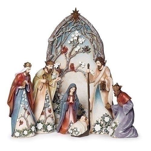 Nativity, Patel w/White Floral Embellishments 10&quot; Set/7