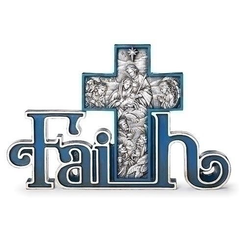 Nativity, FAITH Navy &amp; Silver w/Stand 9&quot;x14&quot;