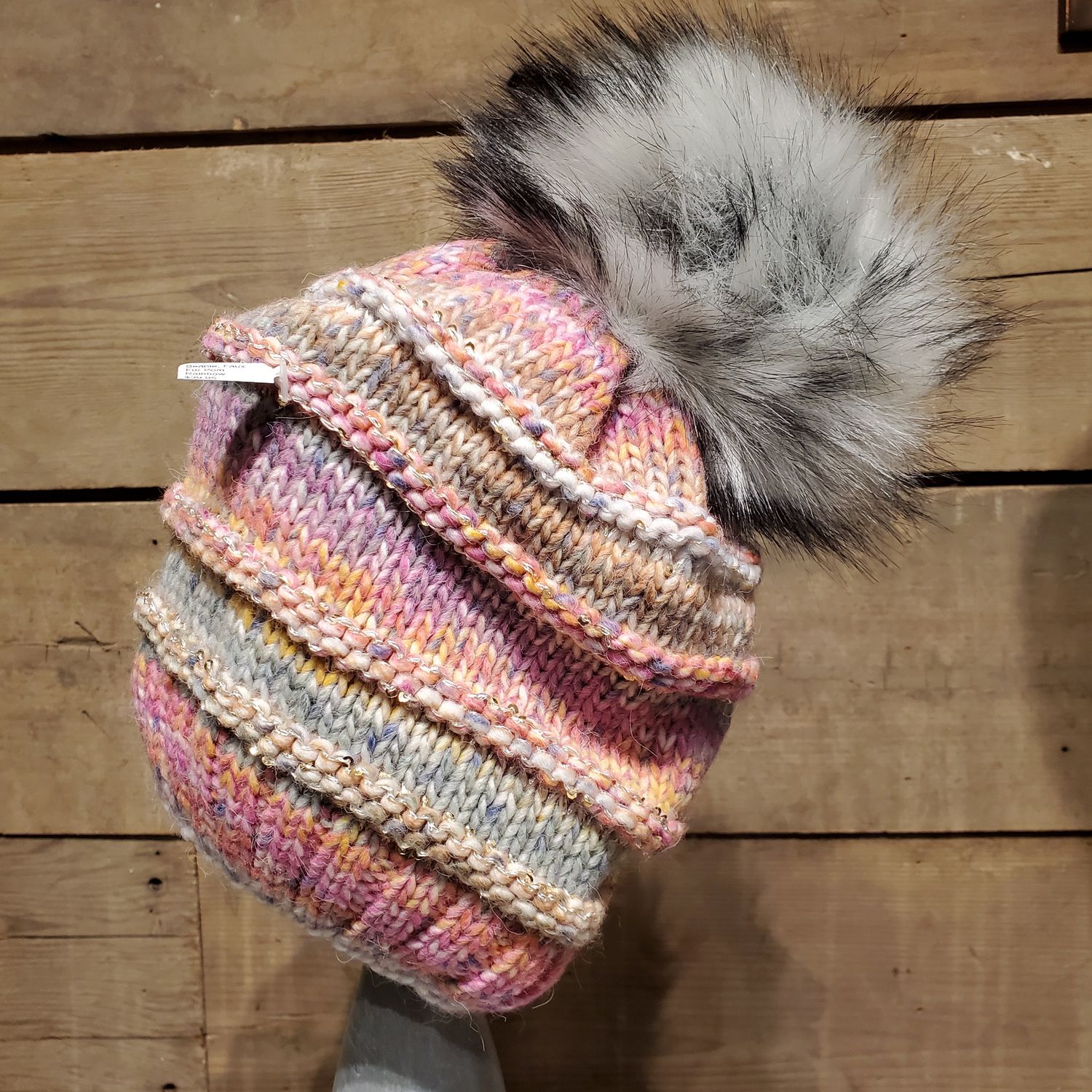 Beanie, Faux Fur Pom Rainbow