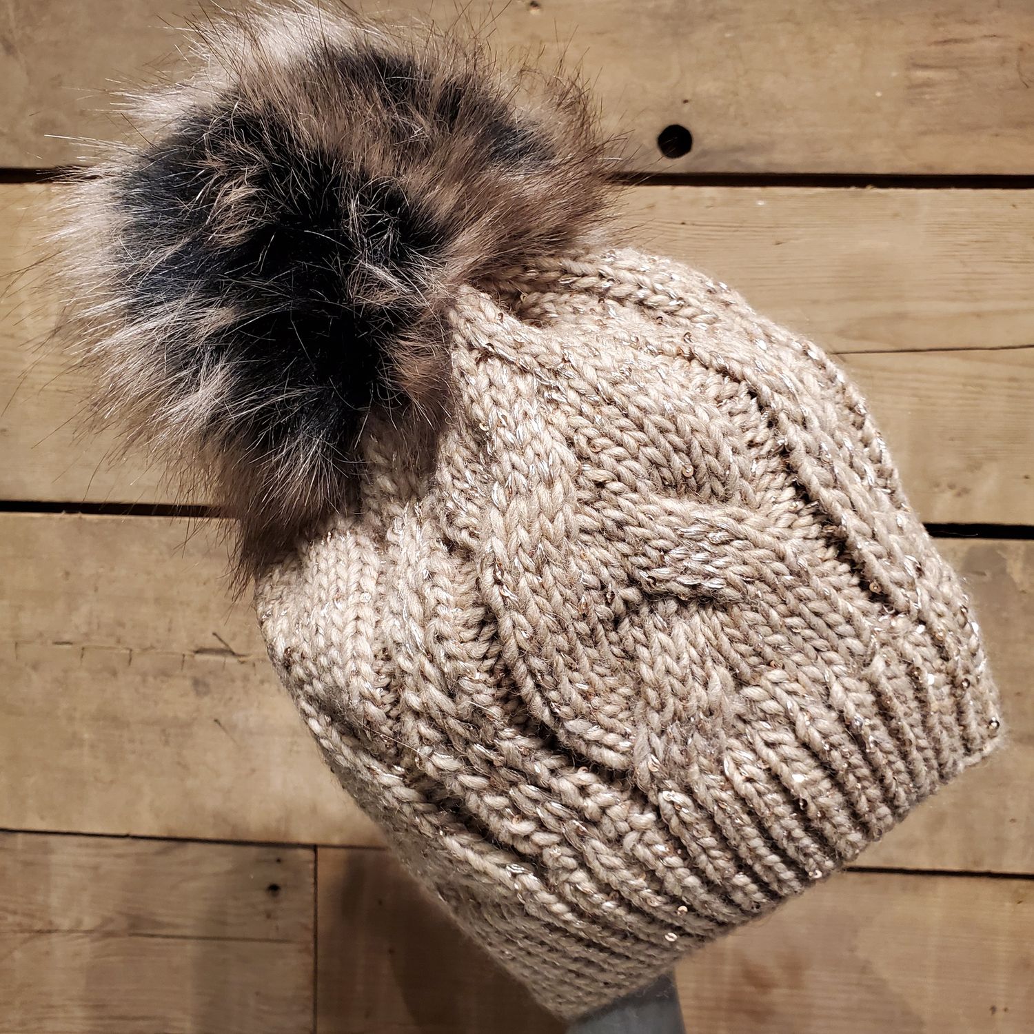 Beanie, Faux Fur Pom Cafe w/Sequins