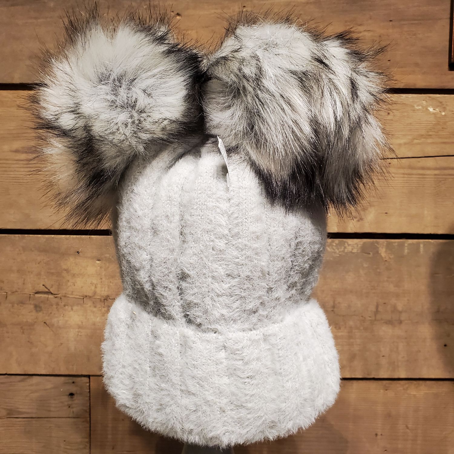 Beanie, Dbl Faux Fur Poms Fuzzy Texture Asst