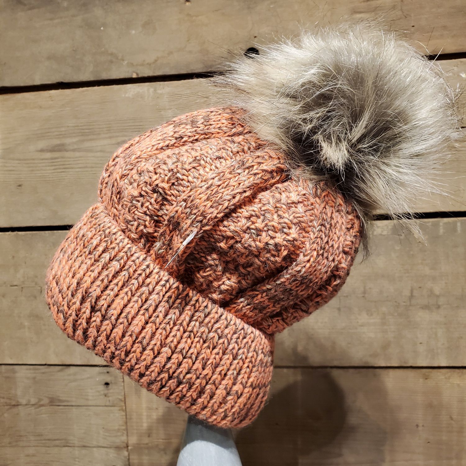 Beanie, Faux Fur Pom Coral/Taupe