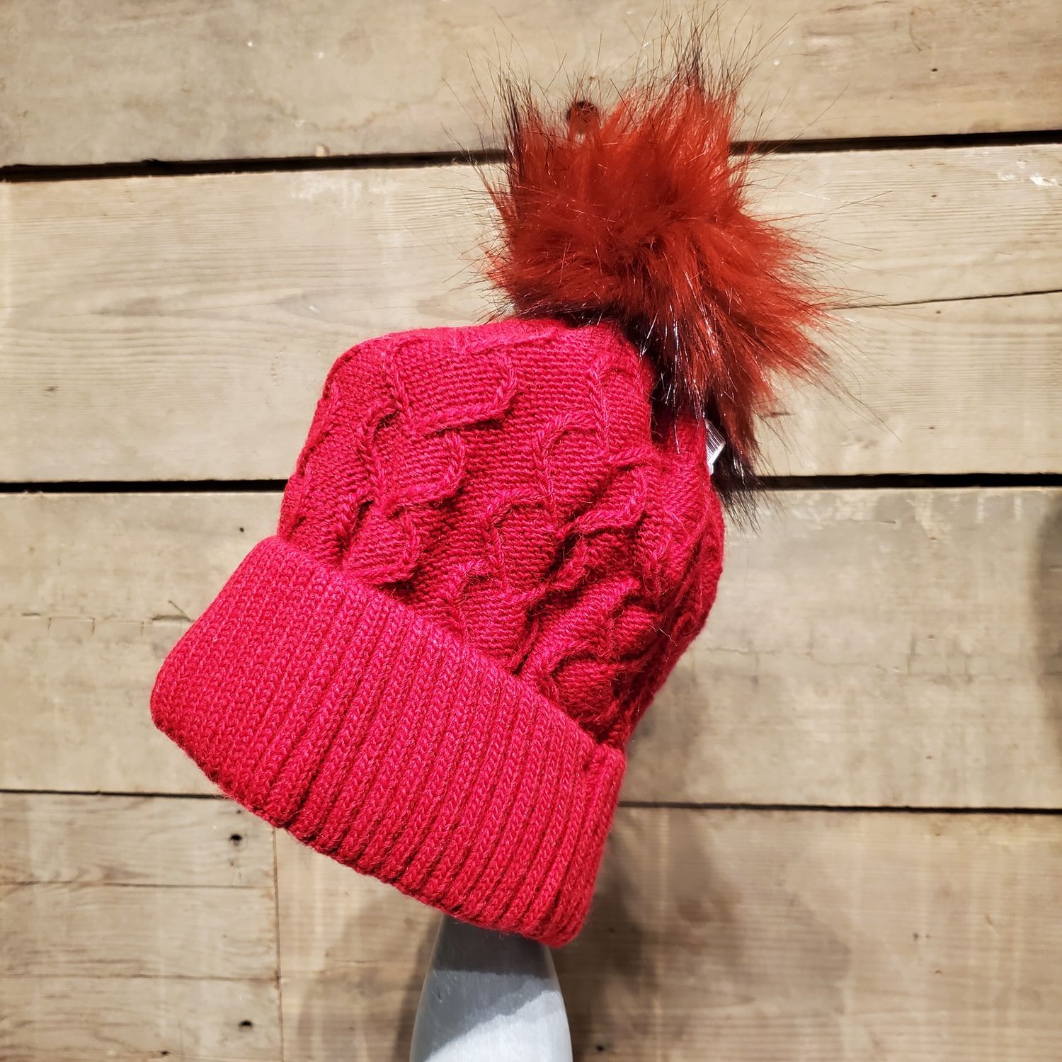 Beanie, Faux Fur Pom Ruby Red