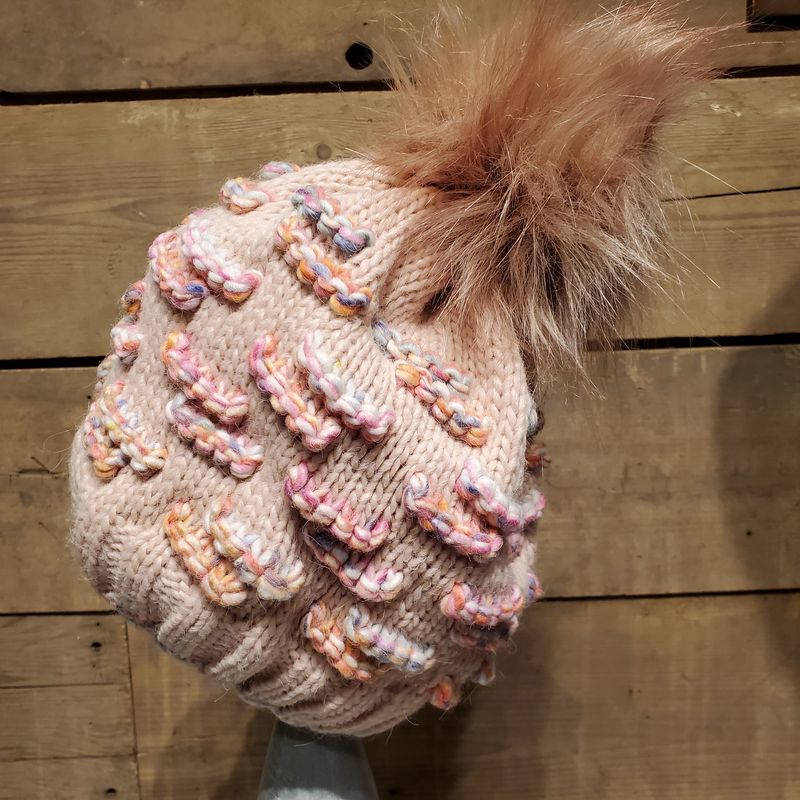 Beanie, Faux Fur Pom Pink Rainbow