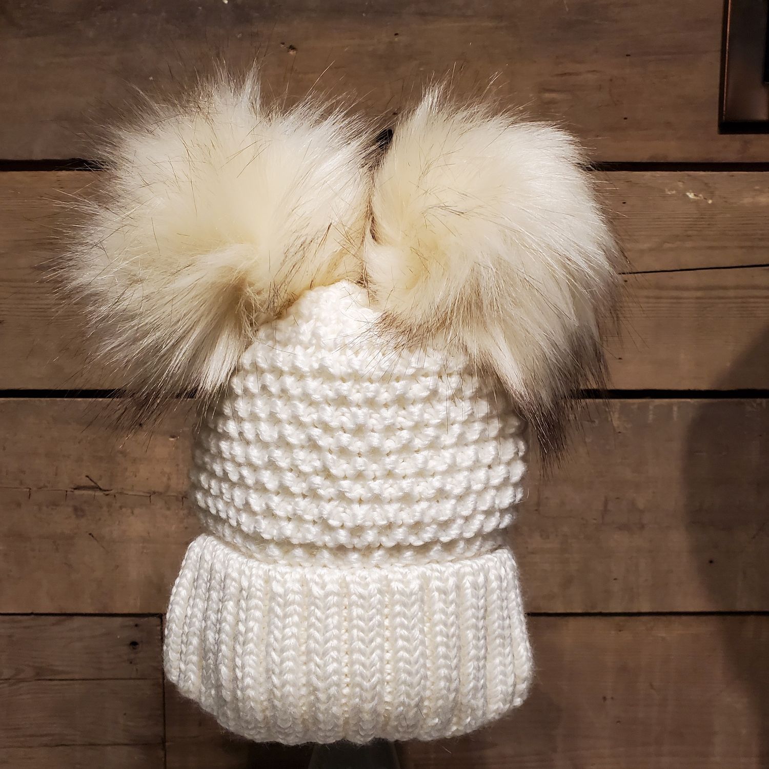 Beanie, Dbl Faux Fur Pom Creme Heavy Knit