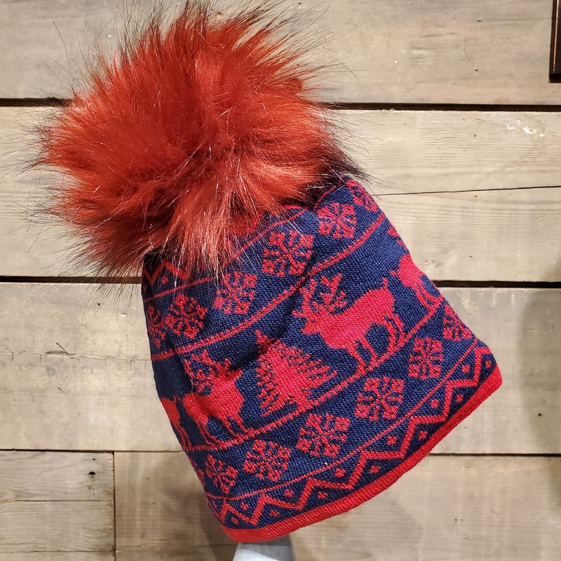 Beanie, Reindeer w/Faux Fur Pom Blue/Red