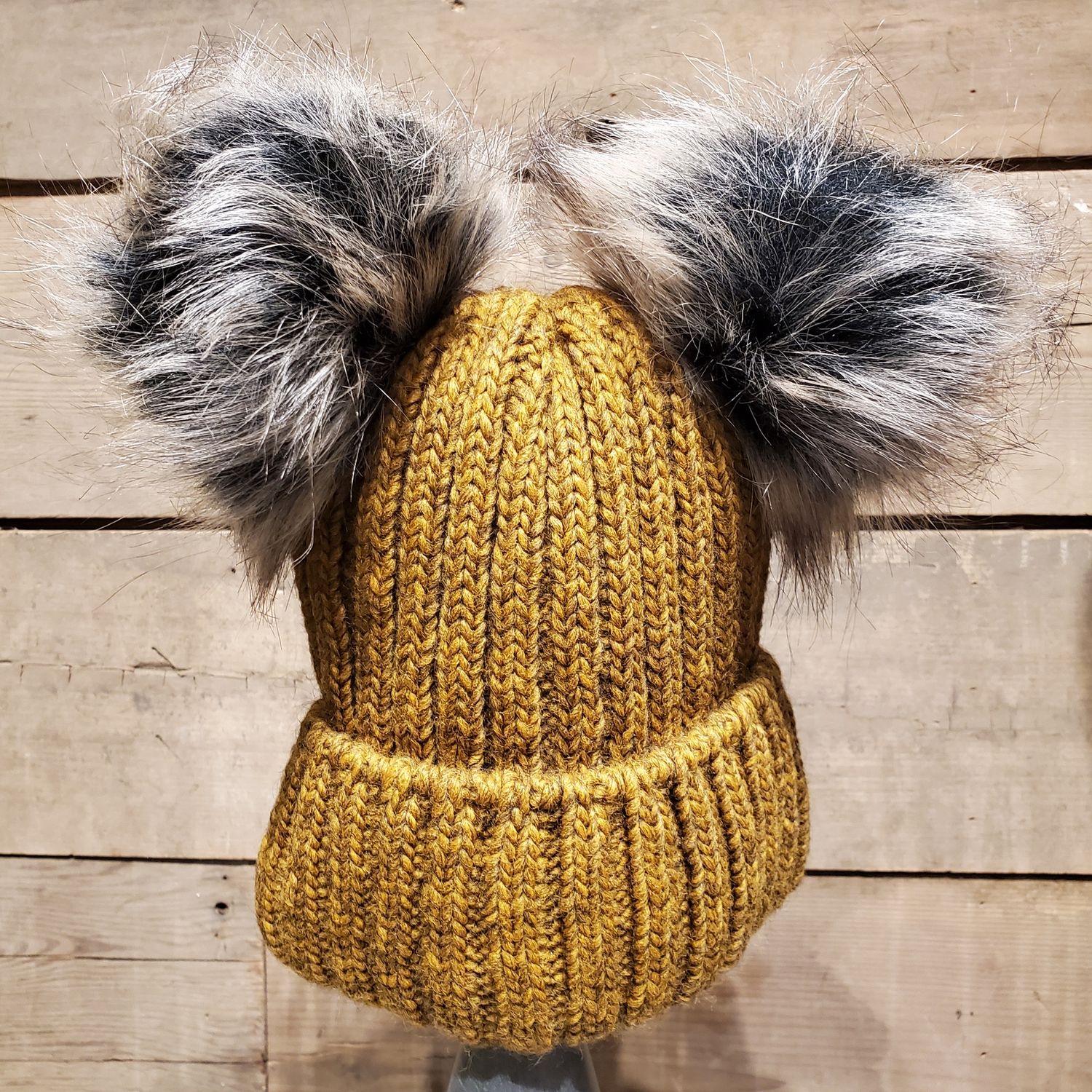 Beanie, Dbl Beige Faux Fur Pom Mustard