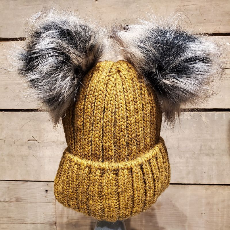 Beanie, Dbl Beige Faux Fur Pom Mustard
