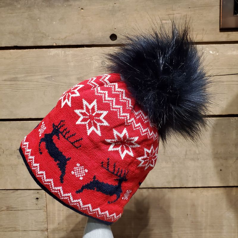 Beanie, Reindeer Faux Fur Pom Blue/Red/White