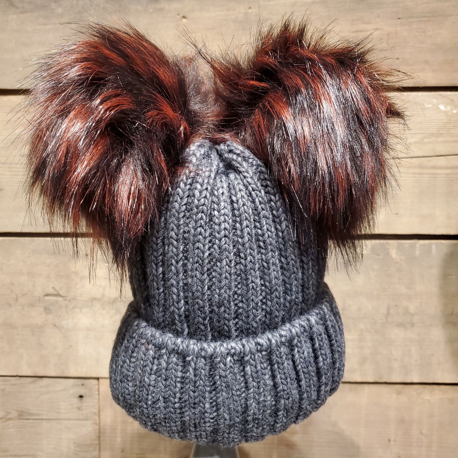 Beanie, Dbl Purple Faux Fur Pom Charcoal