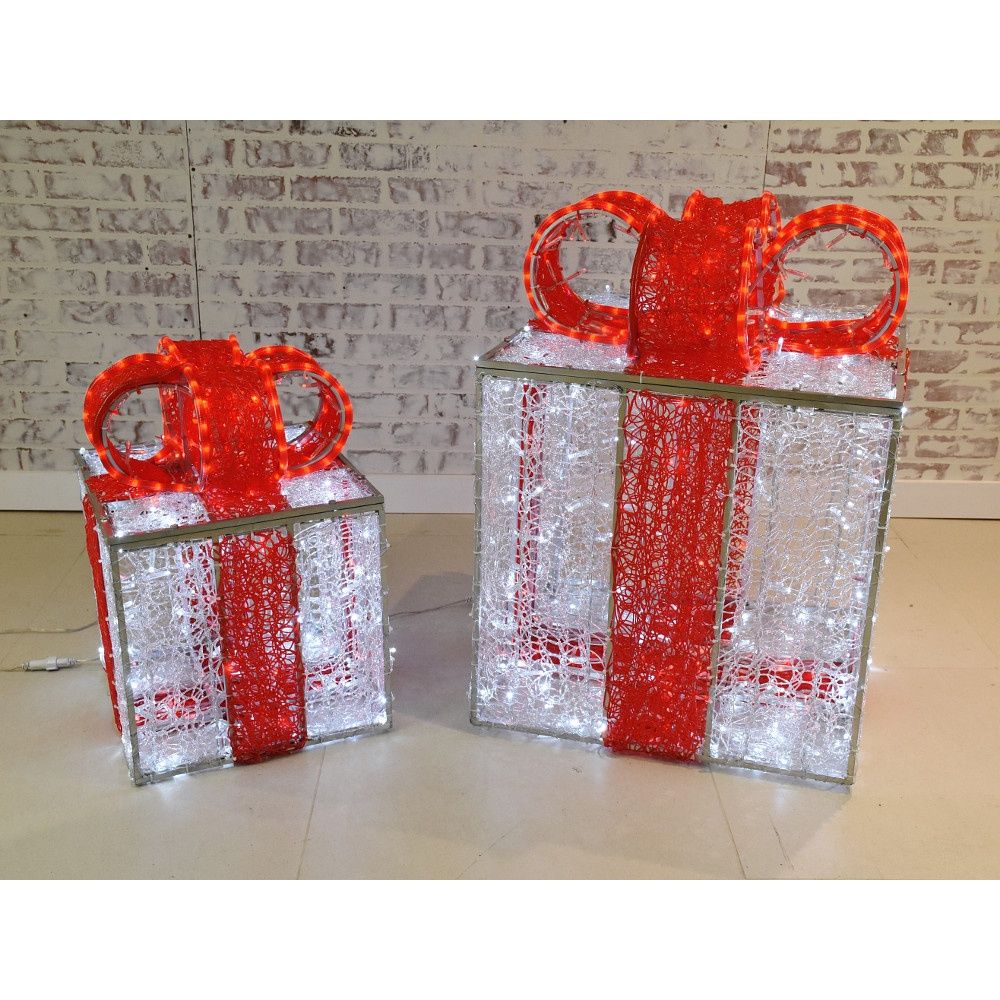LED Gift Box White w/Red Ribbon Set/2