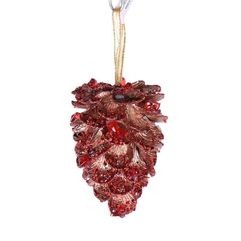 Ornament, 5.5&quot; Gold/Red Jewel Pinecone