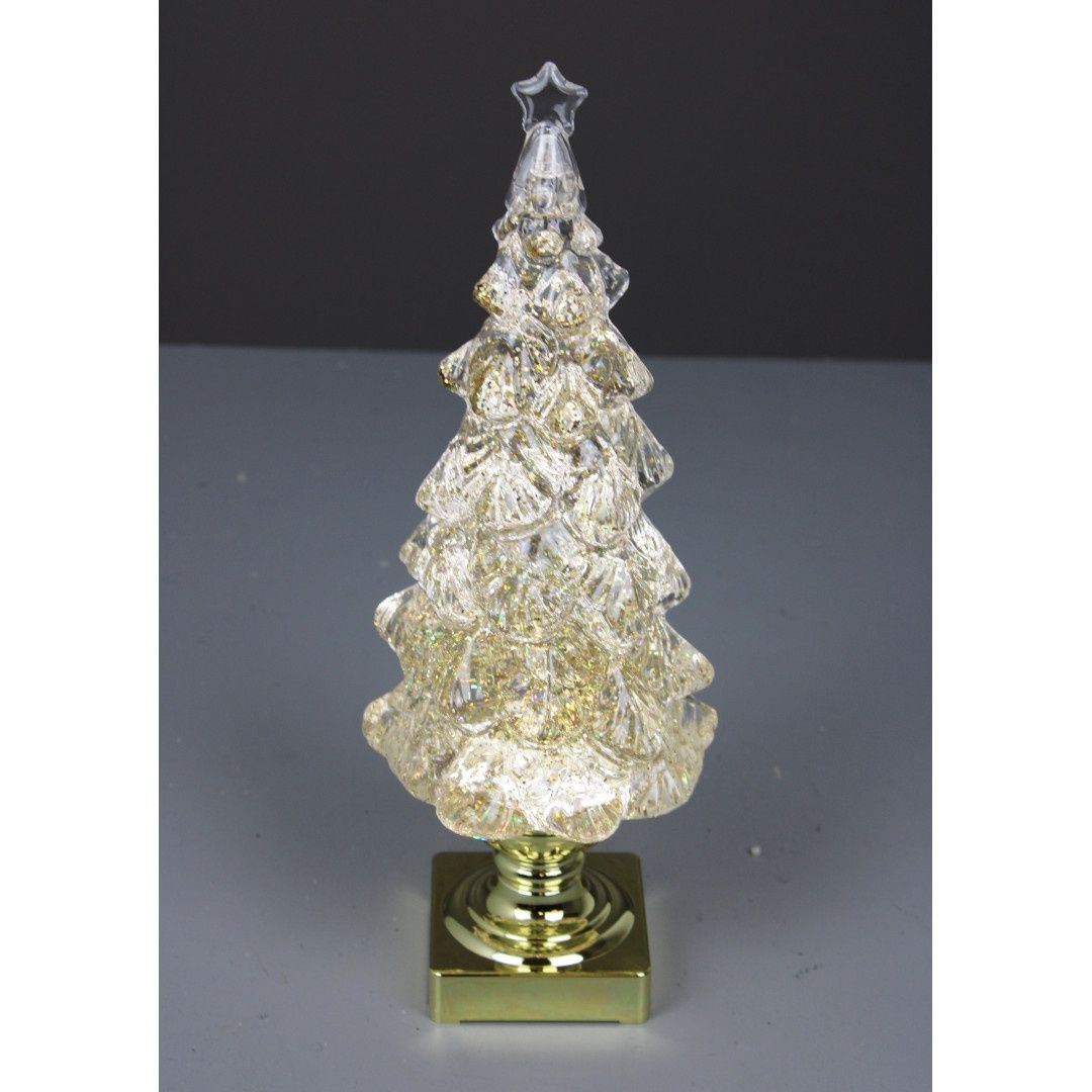 Snow Globe, 14&quot; LED White B/O Xmas Tree Gold Base