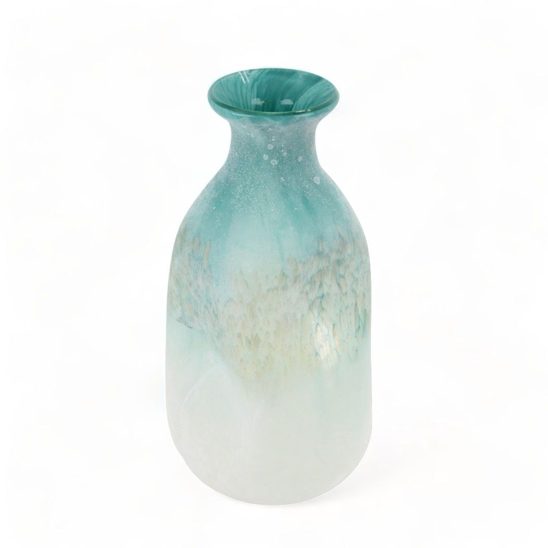 Vase, Glass Aqua/White/Gold 13.75"x6.75"