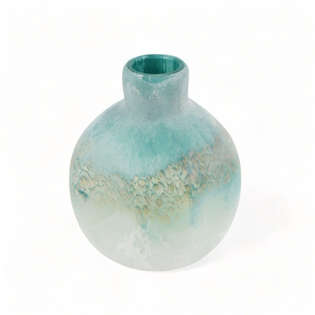 Vase, 9"x7" Blue/Gold/White Glass