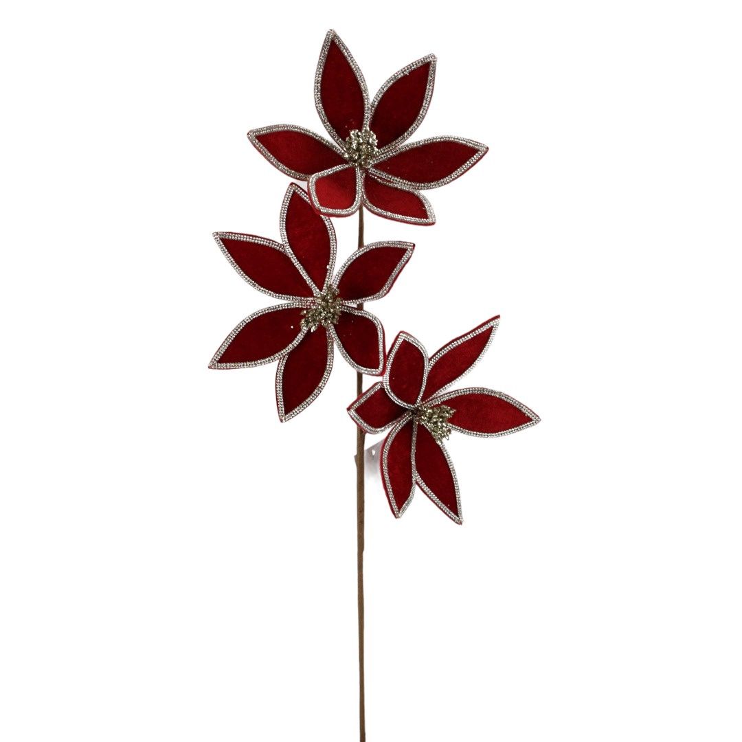 Poinsettia, 3 Red w/Silver Rhinestone Edge 23"