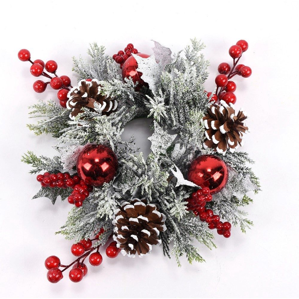 Candle Ring, 3" Frosted Red Berry Ball w/Pinecones